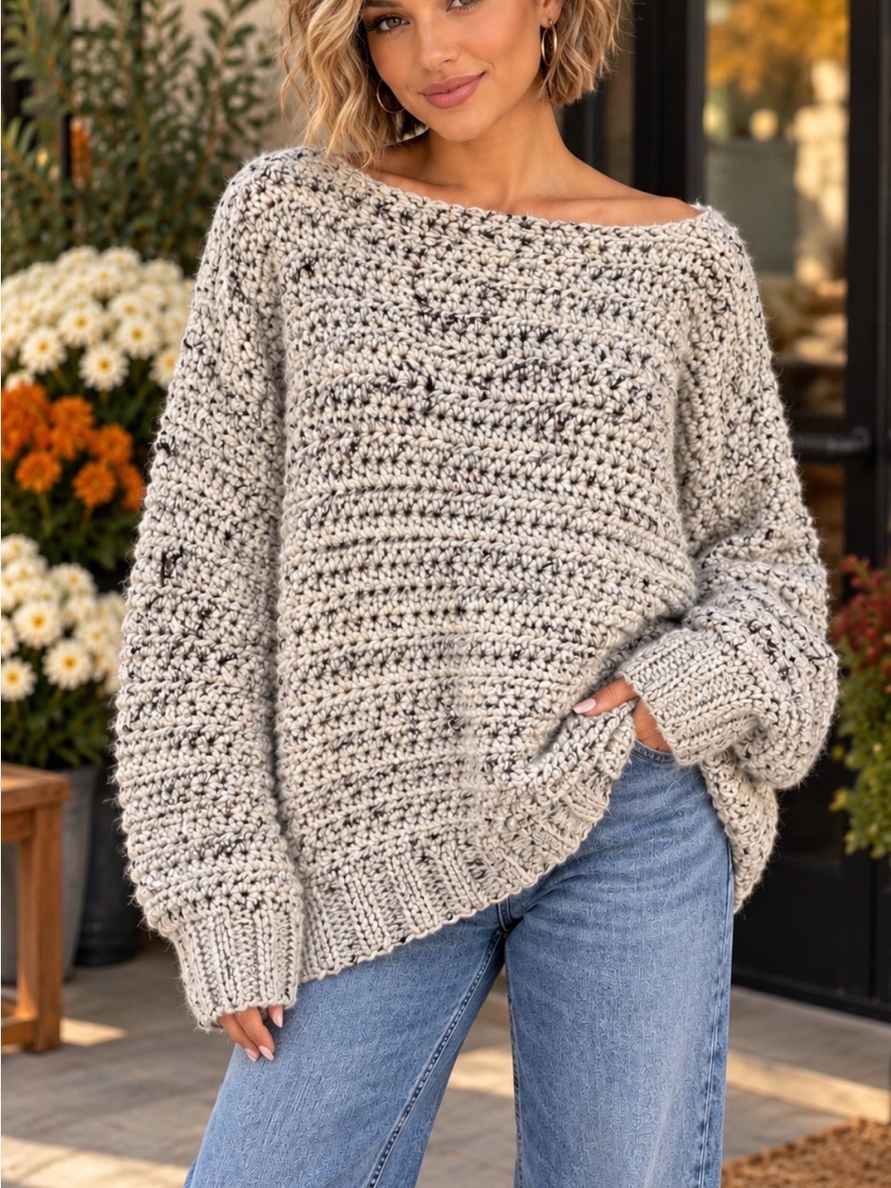Cozy Oversized Chunky Knit Sweater - Cream Speckle